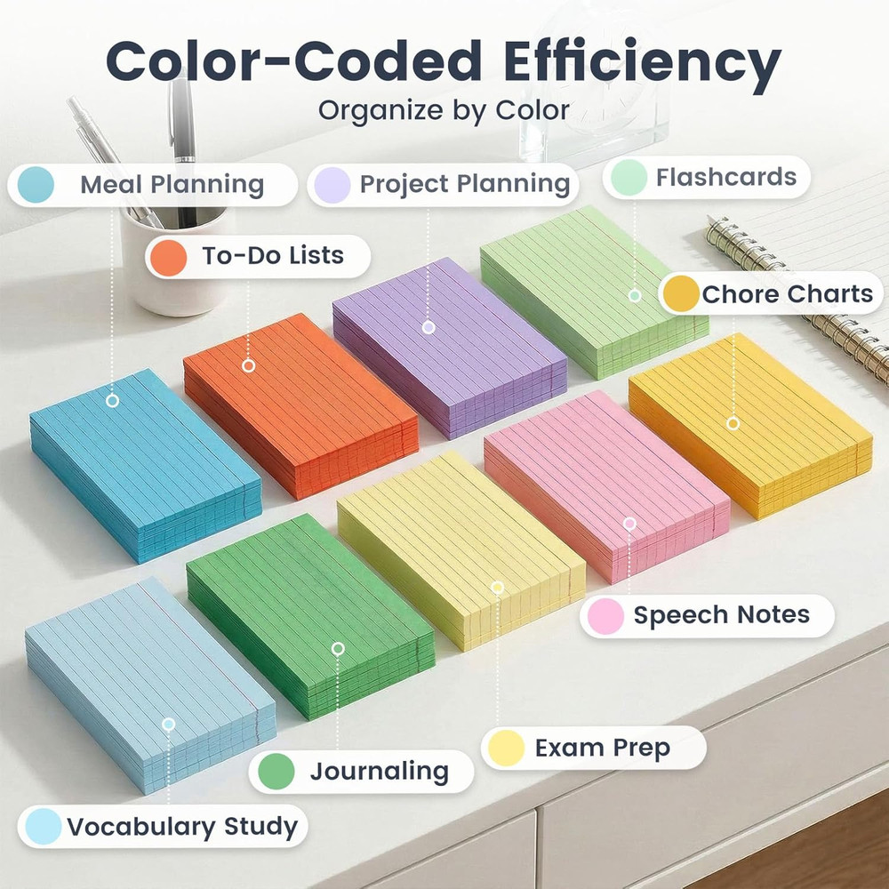 180PCS 5x8 Inch Colored Index Cards, Lined Flash Cards for Studying & Notes