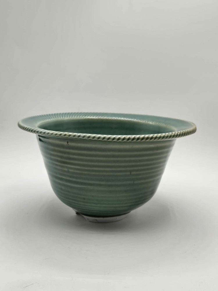 Ceramic Planter Celedon Green Ribbed Design Footed Signed