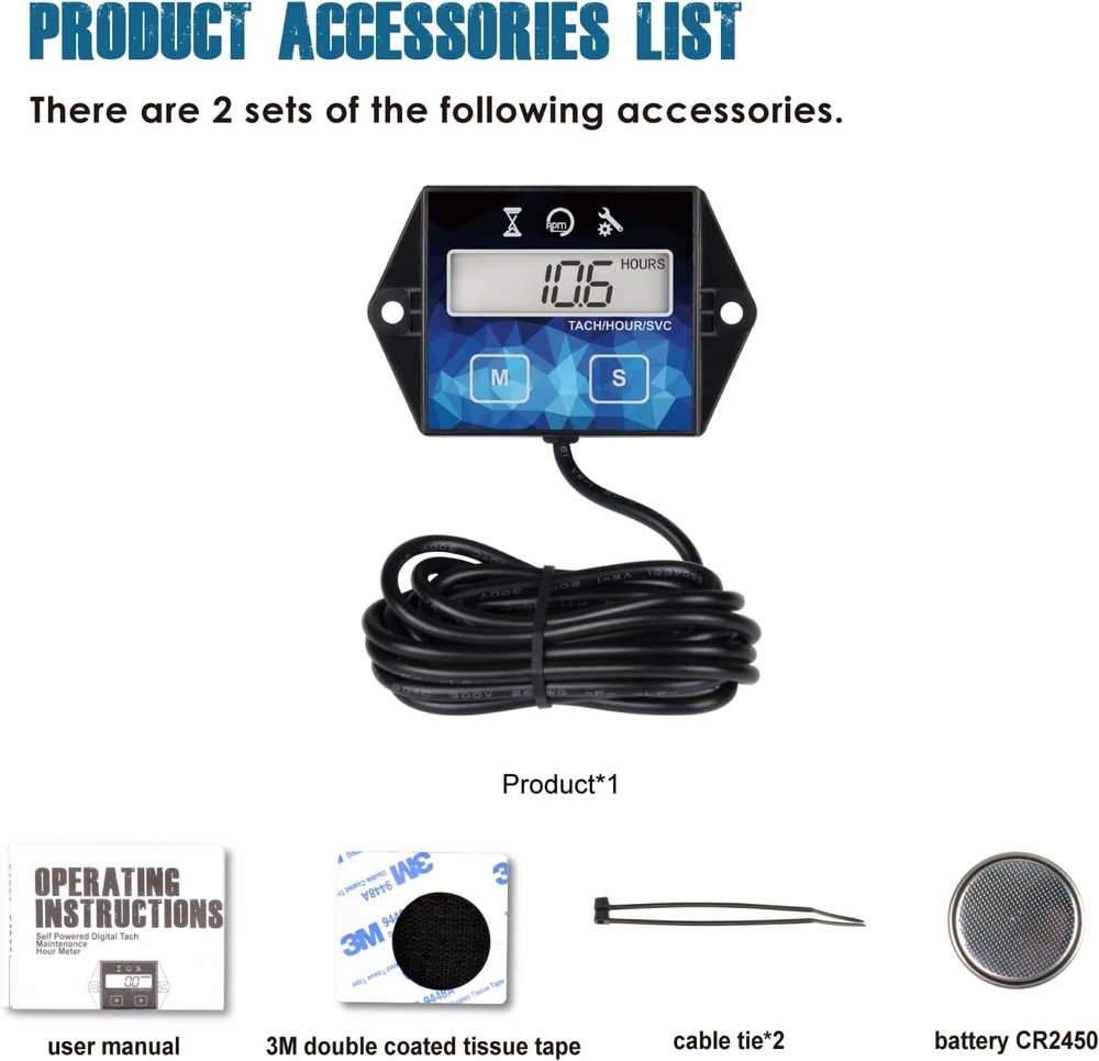 2-Pack Digital Engine Timer & Tachometer with Maintenance Reminder for Effici...