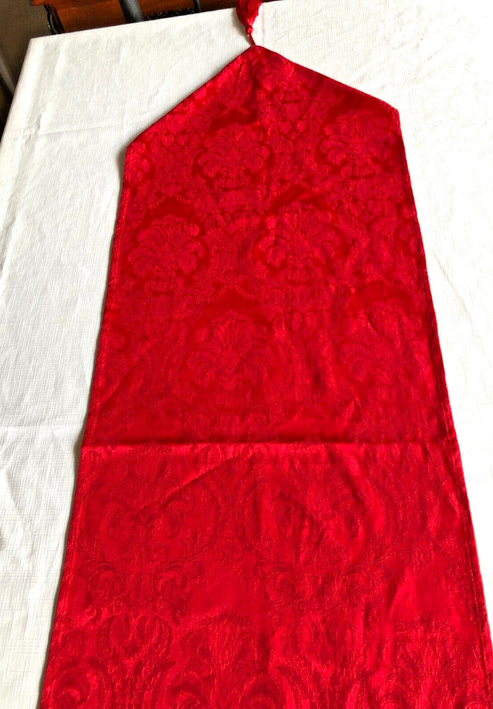 Christmas Table Runner, Damask, Tassels, Red, 48 x 13.5 in, Polyester