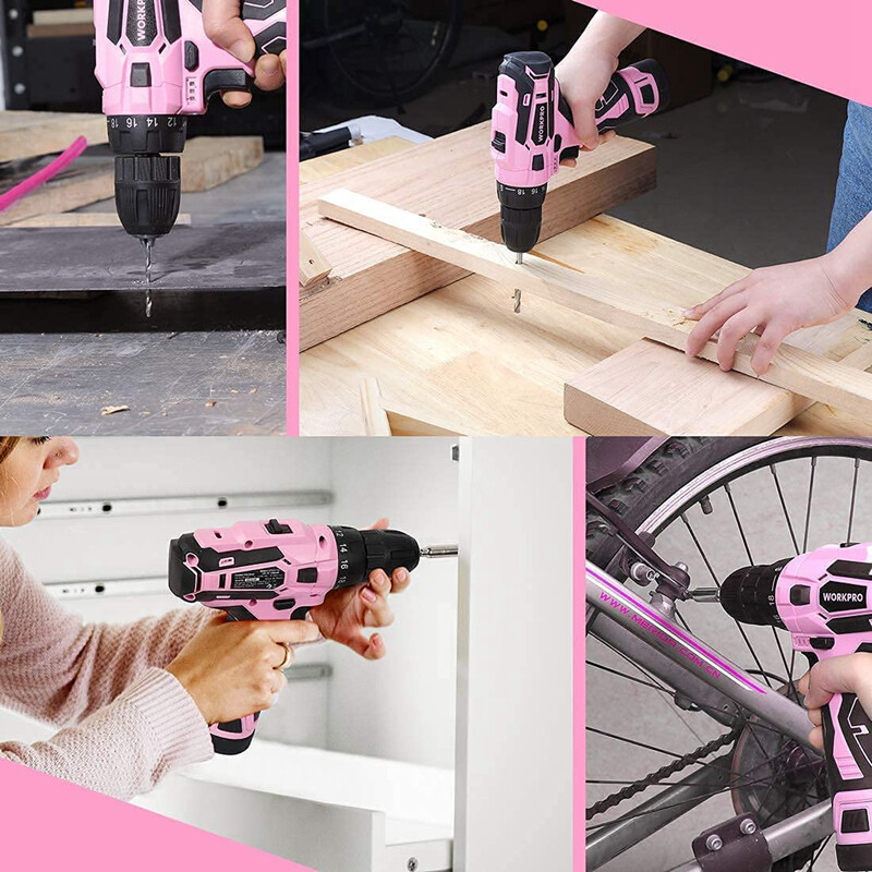 WORKPRO 12V Cordless Drill Driver Set 3/8" Keyless Chuck Screwdriver Driver Pink