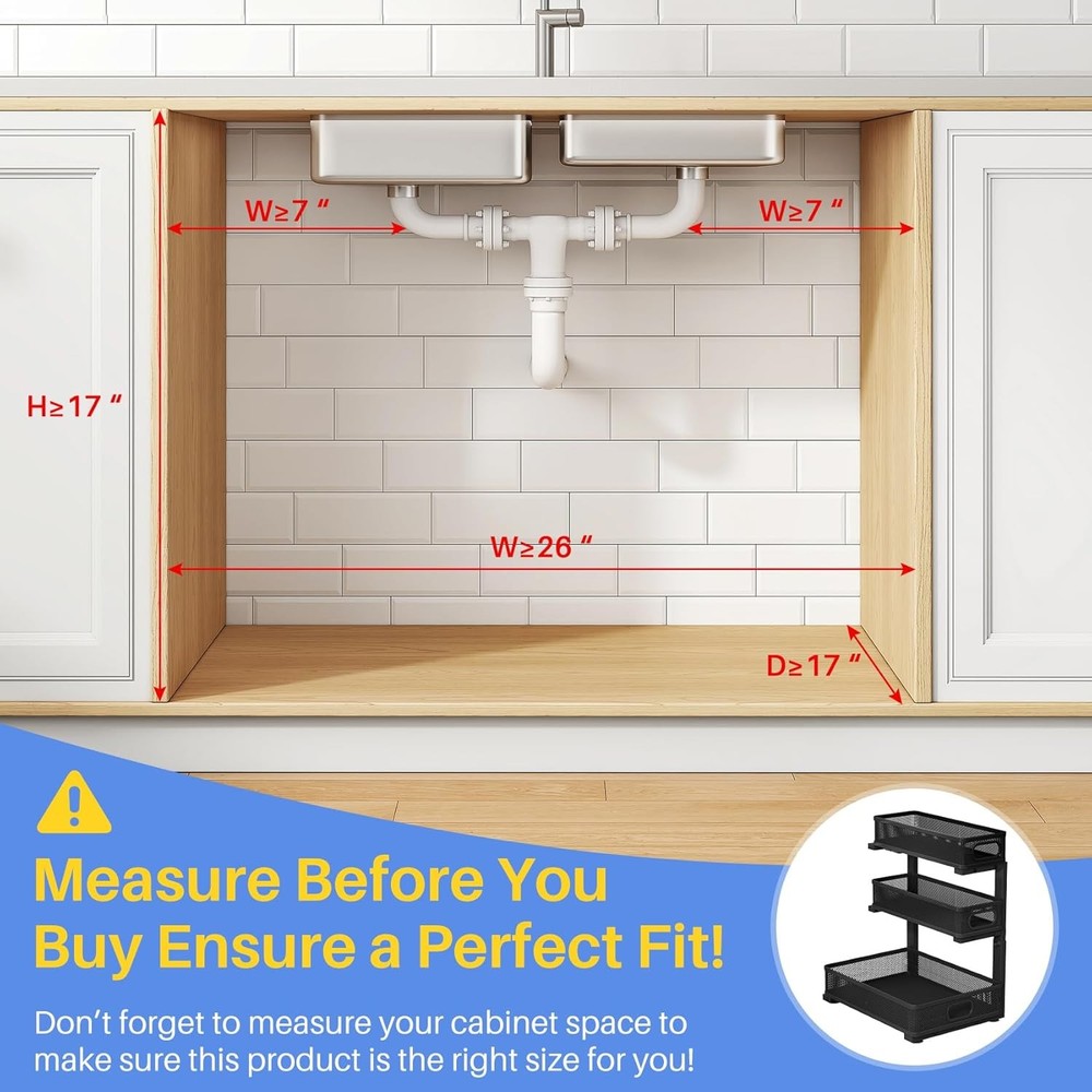 Under Sink Organizer 2-Pack 3-Tier Thickened Metal Pull out Cabinet Organizer