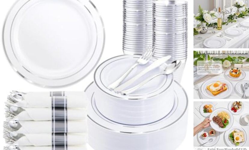350Piece Silver Plastic Dinnerware Set for 50 Guests - 350PCS White and Silver