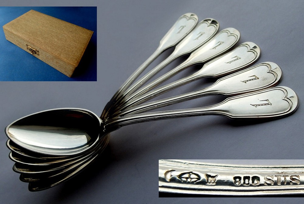 Set, 6 Tea Spoon, Thread Augsburger, Sus , 800er Silver, Um 1900 E558
