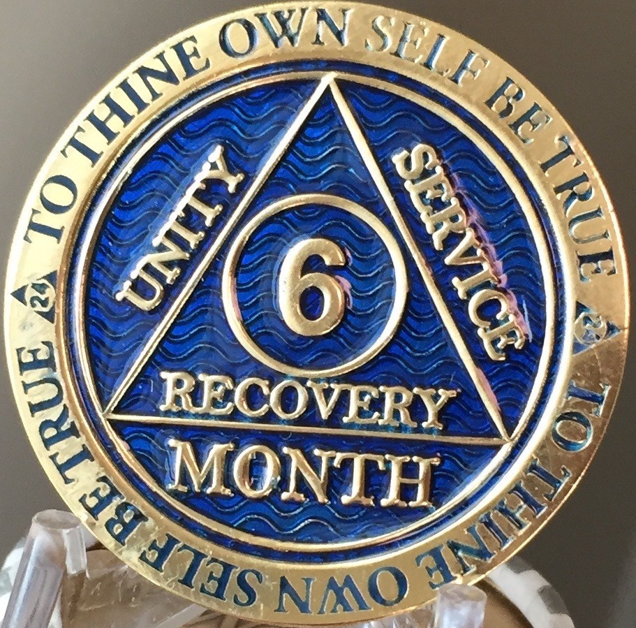 6 Month AA Medallion Reflex Blue Sobriety Chip Serenity Prayer Back