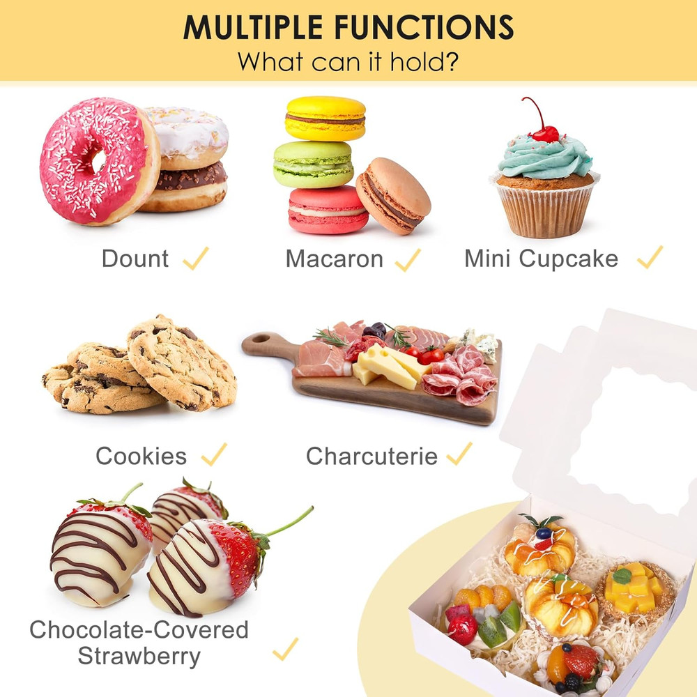 30Pcs Bakery Boxes, 8X8X2.5 Cookie Boxes with Window, White Treat Containers for