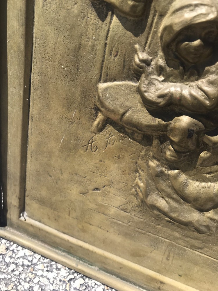 Antique Victorian Pressed Bronze Repousse Fireplace Screen Artist Signed