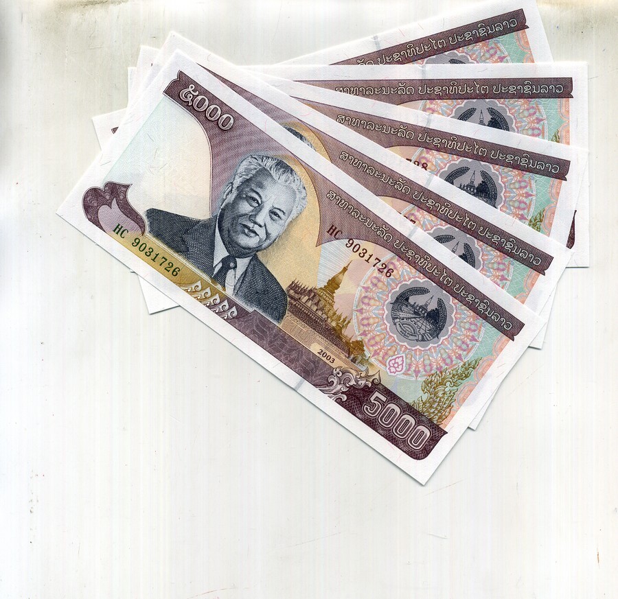 LAOS 5000 KIP 2003 5 CONSECUTIVELY NUMBERED NOTES CU 2678F
