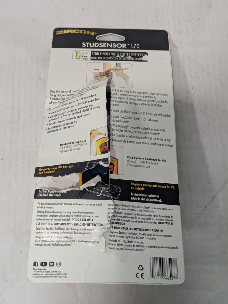 Zircon StudSensor L70 Stud Finder with Center Detection - Tested & Working