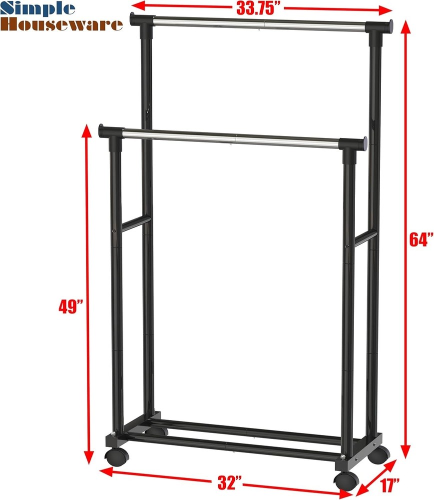 Modern Space-Saving Double Rod Clothing Rack with Wheels - Load Capacity 100 lbs
