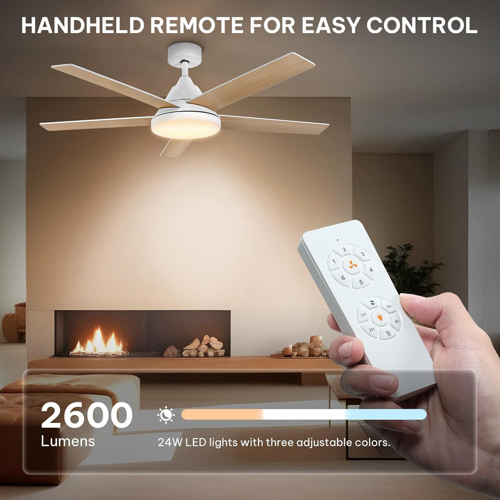 52" Ceiling Fan with Lights & Remote, 3502 CFM, 3 CCT, 4 Timer Modes, 5 Reversib