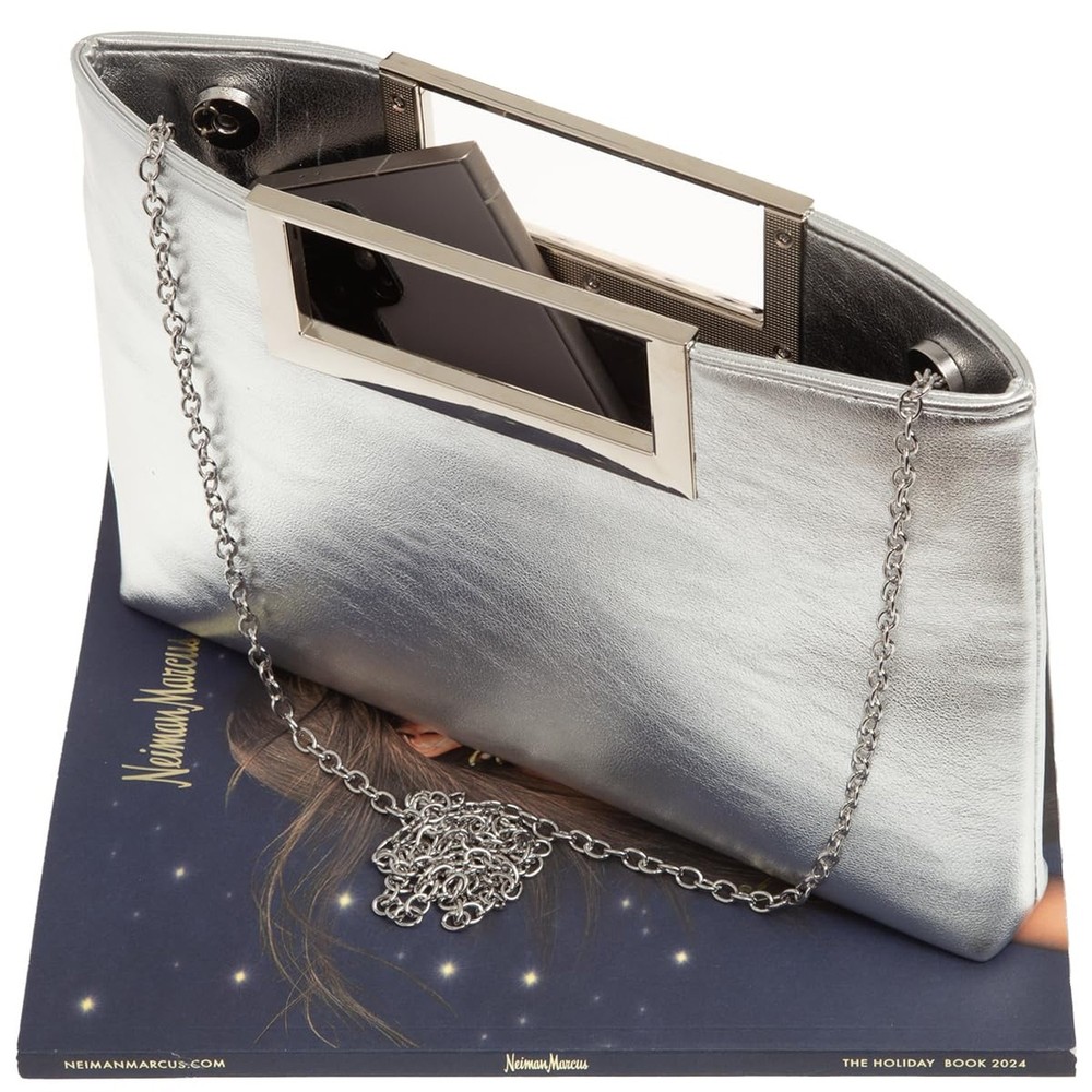 Crushed Metallic Top Handle Clutch Silver50