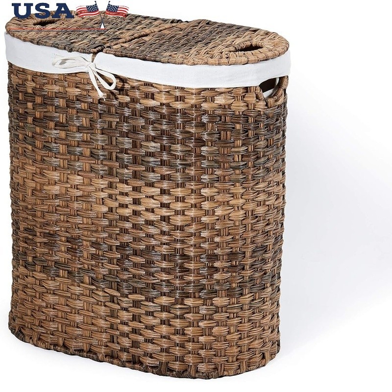 Durable Polyethylene Wicker Laundry Hamper Portable W/ Removable Washable Liners