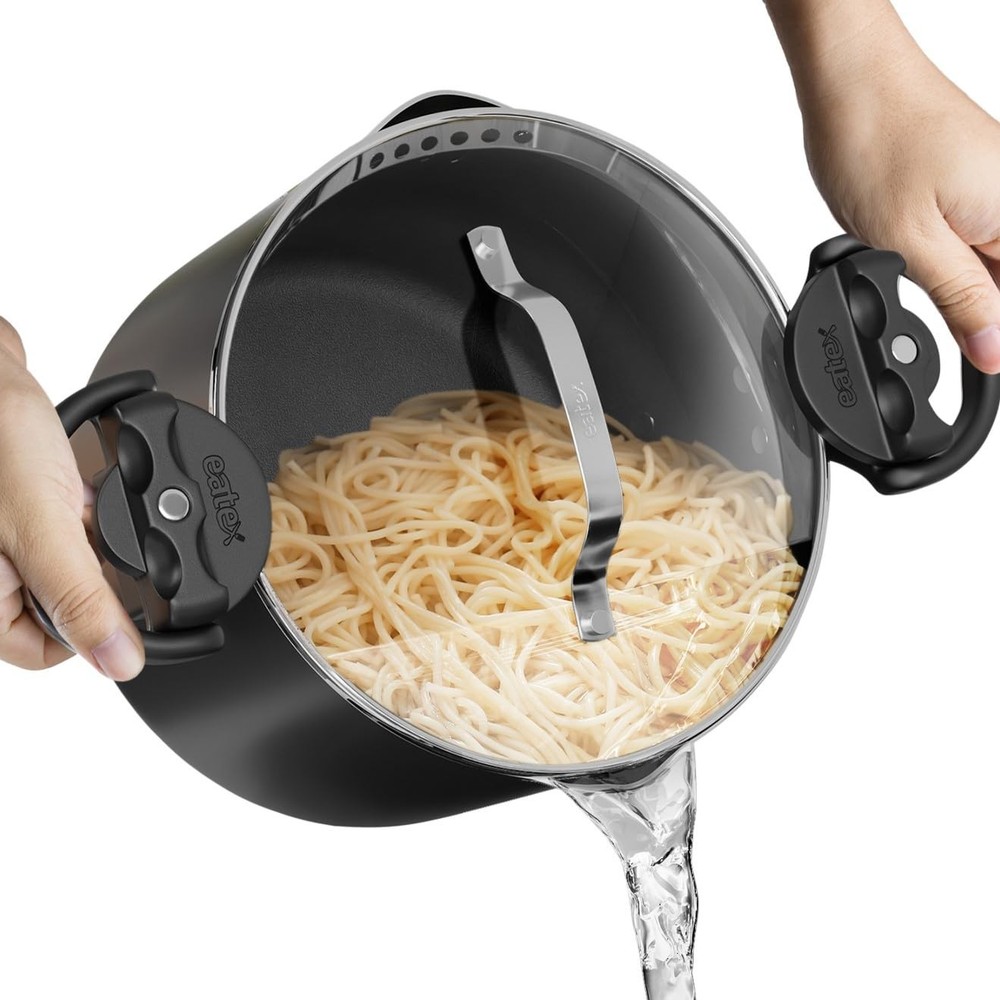 EATEX Pasta Pot with Strainer Lid - 5 Quart Multipurpose 5 Quarts, Black