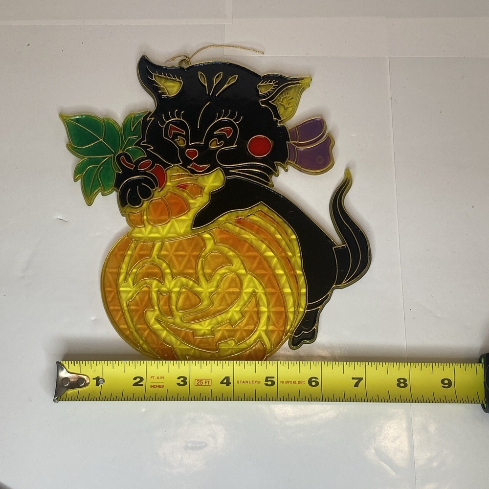 Vintage Halloween Suncatcher Black Cat Pumpkin Plastic 🎃