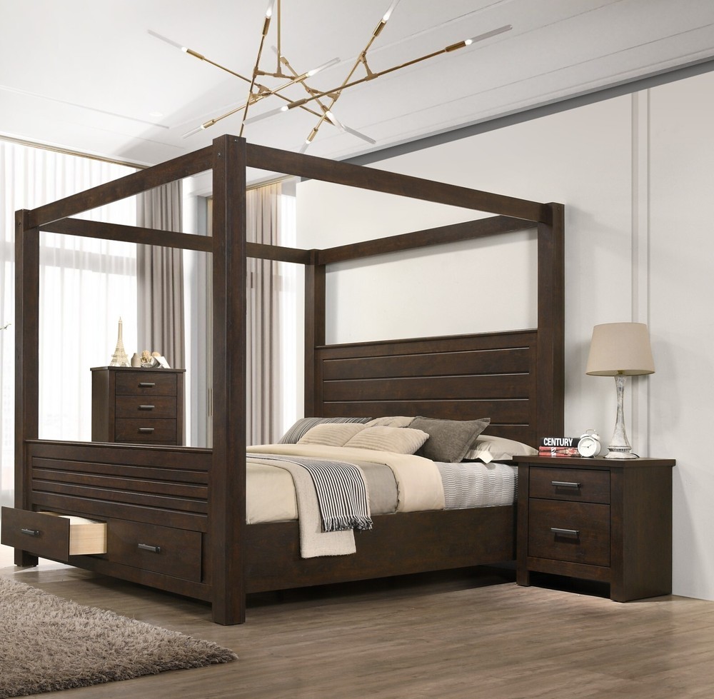 3Pc Brown King Canopy Bed Chest Nightstand Set Storage Footboard Solid Wood