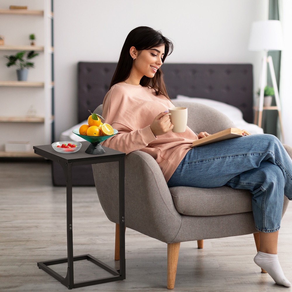 C Shaped End Table with Adjustable Feet, Small Side Table for Couch, Sofa Table