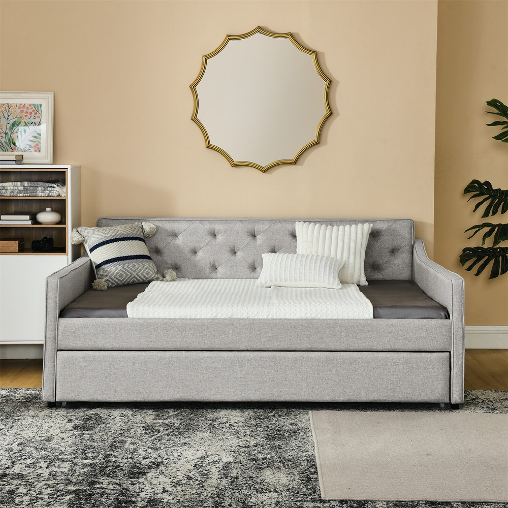 Full Size Daybed with Pull Out Trundle Bed Linen Upholstered Bed Frame Sofa Bed