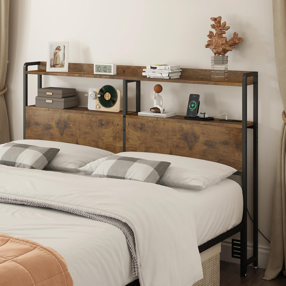 Rustic Brown Queen Headboard with USB Ports & LED Lights, Adjustable Design
