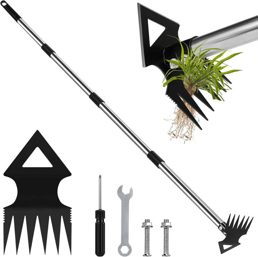 Premium 56" Long Handle Weed Puller Tool, 2-in-1 Manual Weeder and Rake