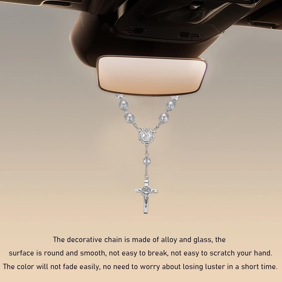 Car Rosary for Rearview Mirror, Personalized Rear View Cross Blessing Beads Deco