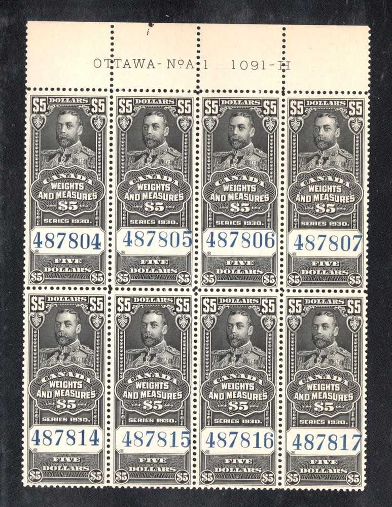 CANADA KGV WEIGHTS & MEASURES $5.00 PLATE BLOCK MNH