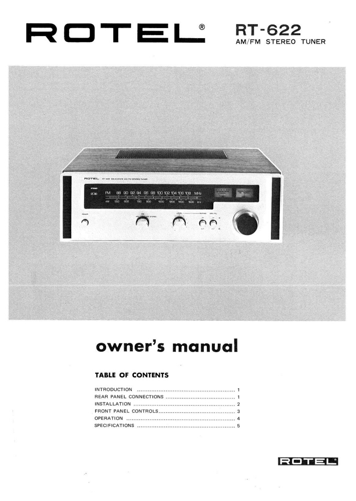 Rotel RT-622 Tuner Owners Instruction Manual