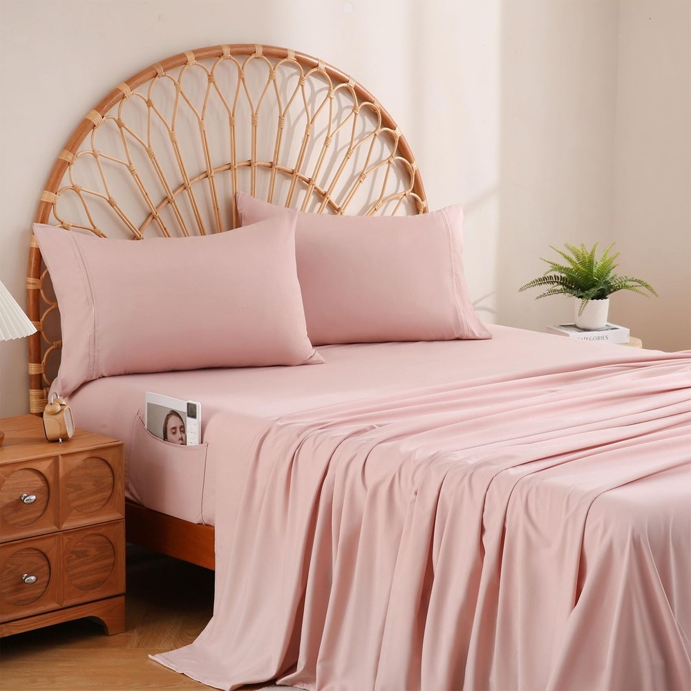 Dusty Pink Full Set with Side Pocket Corner Straps, 4 Piece Soft Microfiber B...