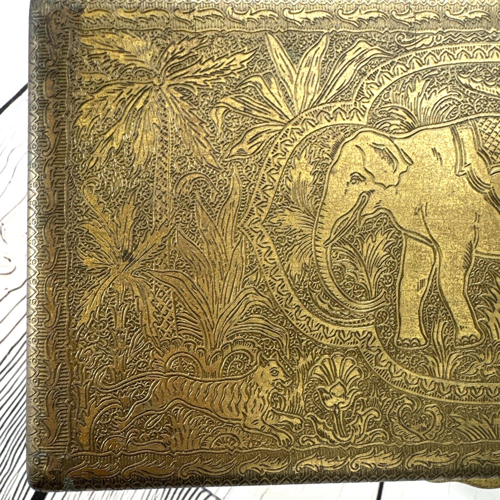 HAND TOOLED ENGRAVED SOLID BRASS STASH BOX CHEST ELEPHANT OX LION ELK HUNTER