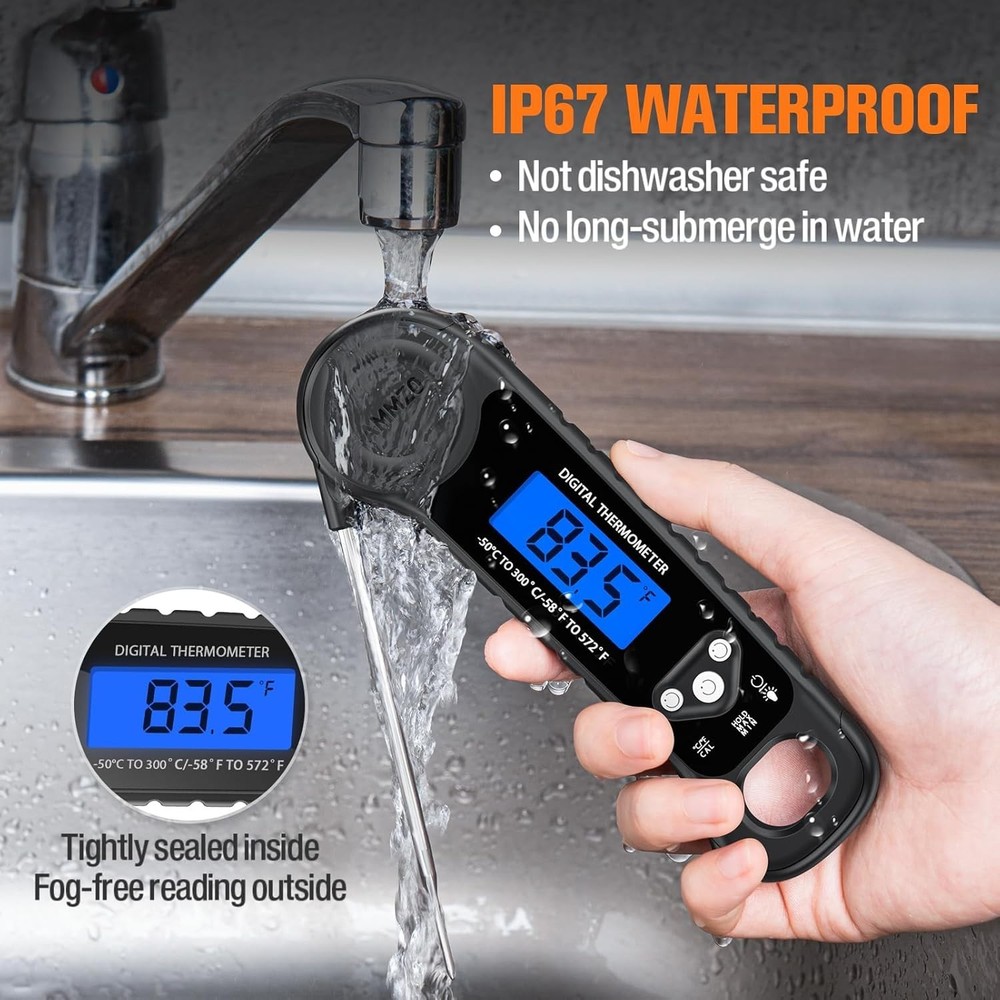Waterproof Cooking Thermometer with Large Backlit Display for Easy Reading