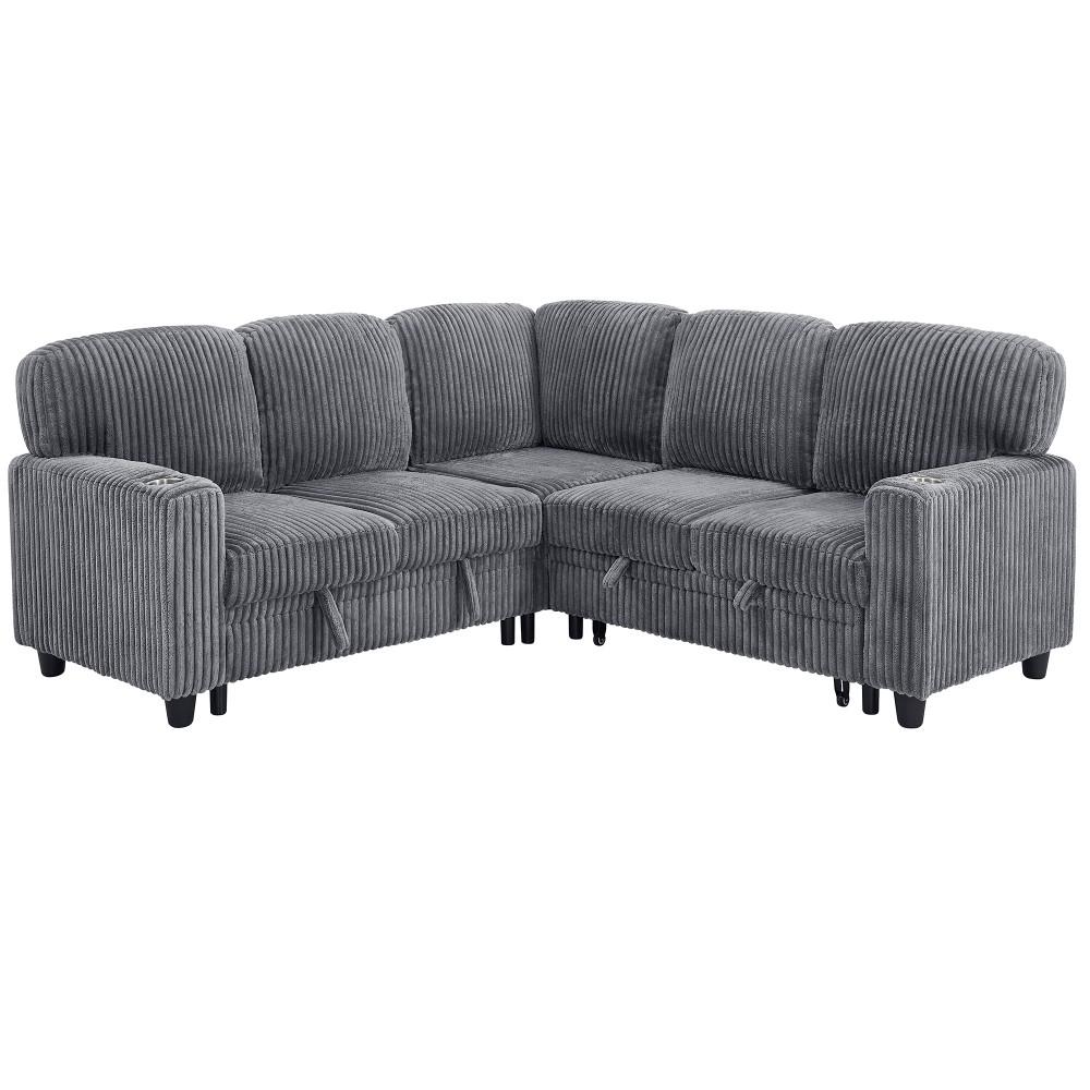 5-Seat L-Shaped Sectional Sofa Bed w/ Pull-Out Bed & USB Charging, Grey
