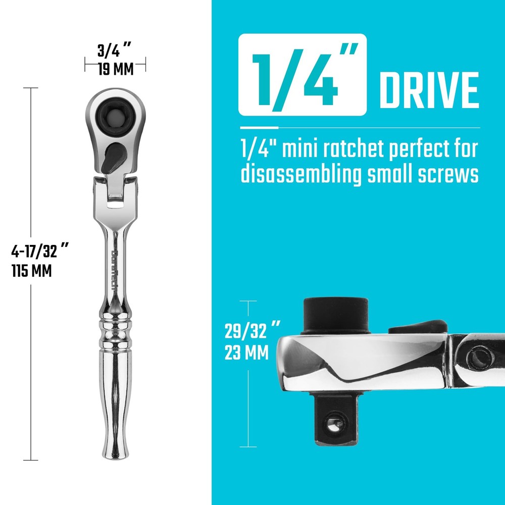 DURATECH 1/4" Drive Ratchet Handle, 2 in 1 Flex Head Ratchet, Silver