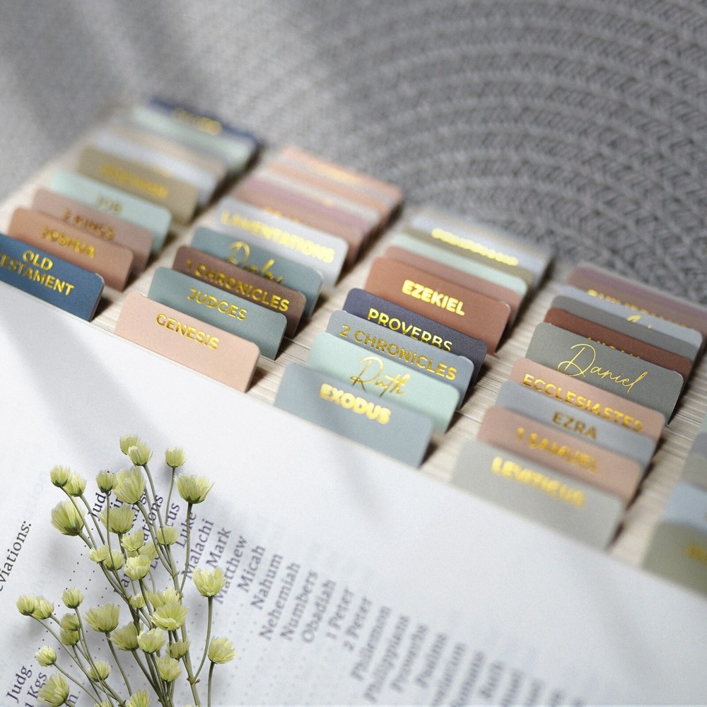 OFFILICIOUS 100 Gold-Foiled, Soft-Touch, Laminated Bible Tabs for Bible Study