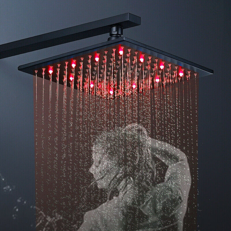 Black LED 16'' Rainfall Shower Head Square High Pressure Overhead Top Sprayer