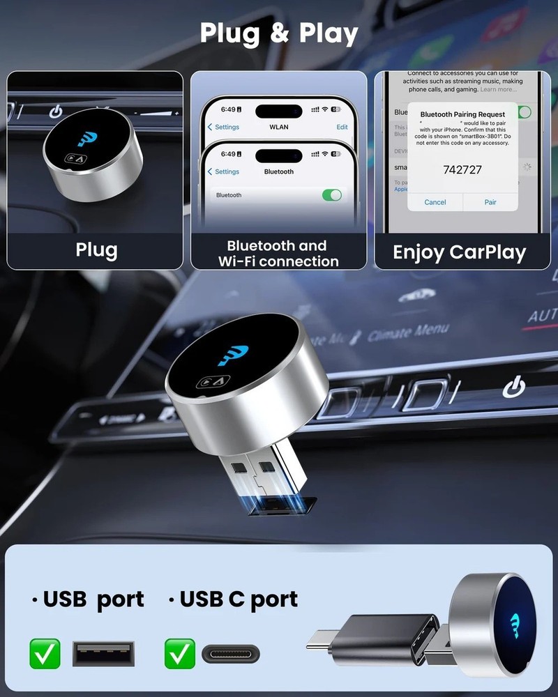 2-in-1 Mini Wireless CarPlay & Android Auto Adapter Plug & Play Bluetooth 5.4