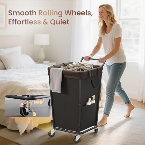 Laundry Hamper with Wheels and Handle, 2 160L Black-2 Section with Handle