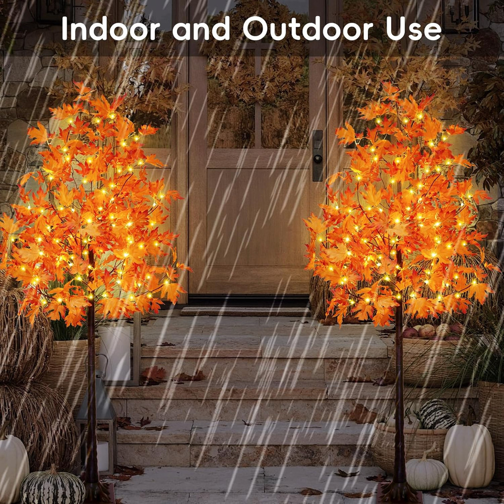 Set of 2 6FT 120LED Artificial Lighted Maple Tree Warm White Fall Decorations In