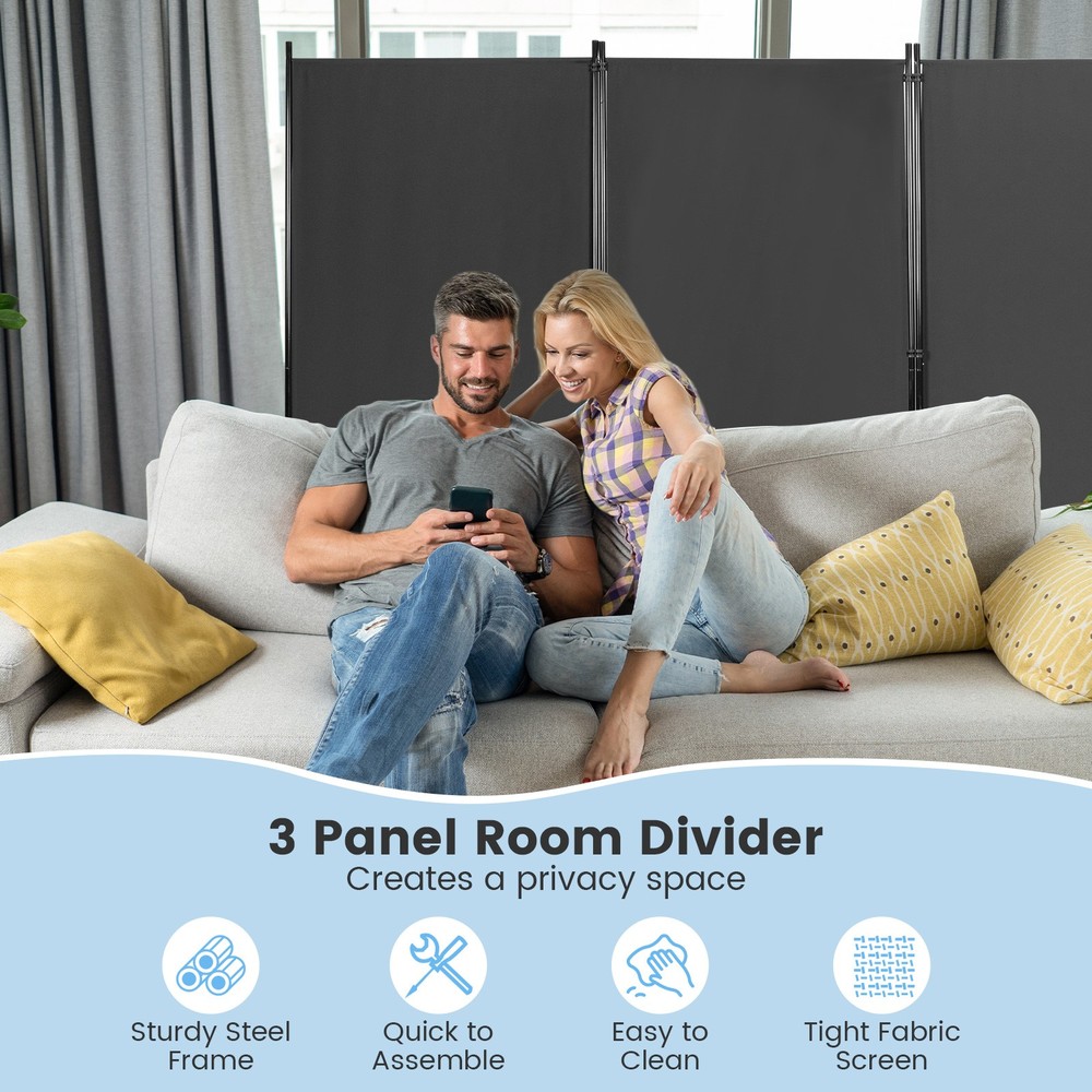 Folding Privacy Partition Screen 3-Panel Room Divider for Office Room Grey