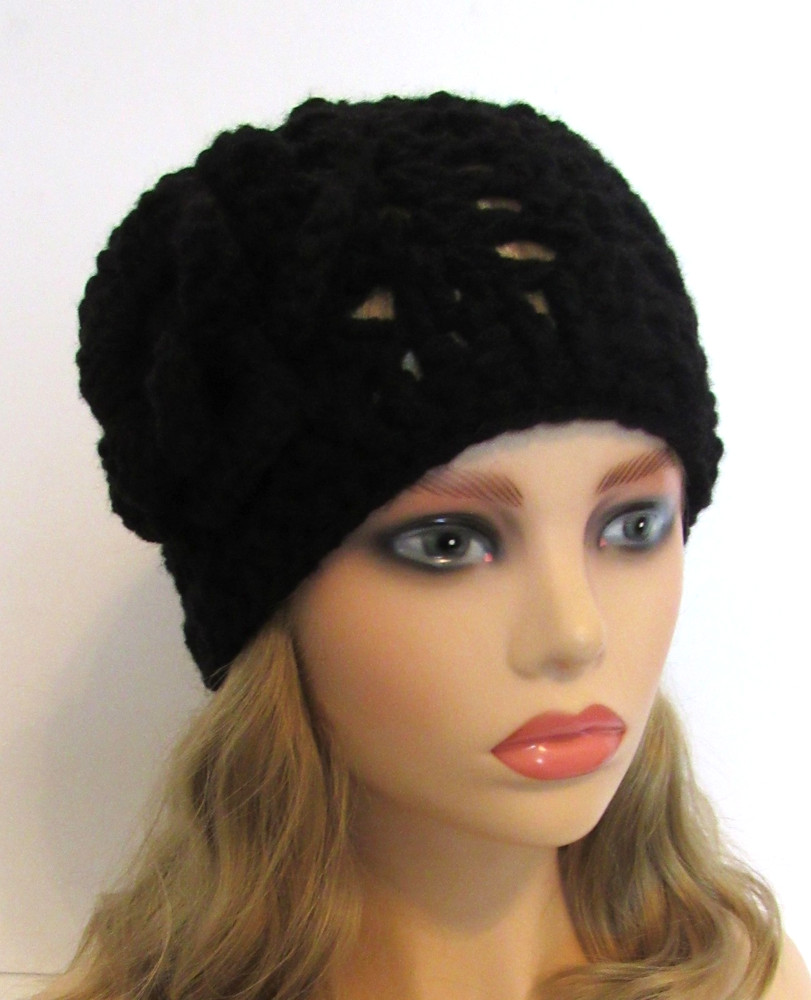 BOHO BEANIE HAT CAP SOLID BLACK OPEN WEAVE MESH HANDMADE CROCHET WITH FLOWER