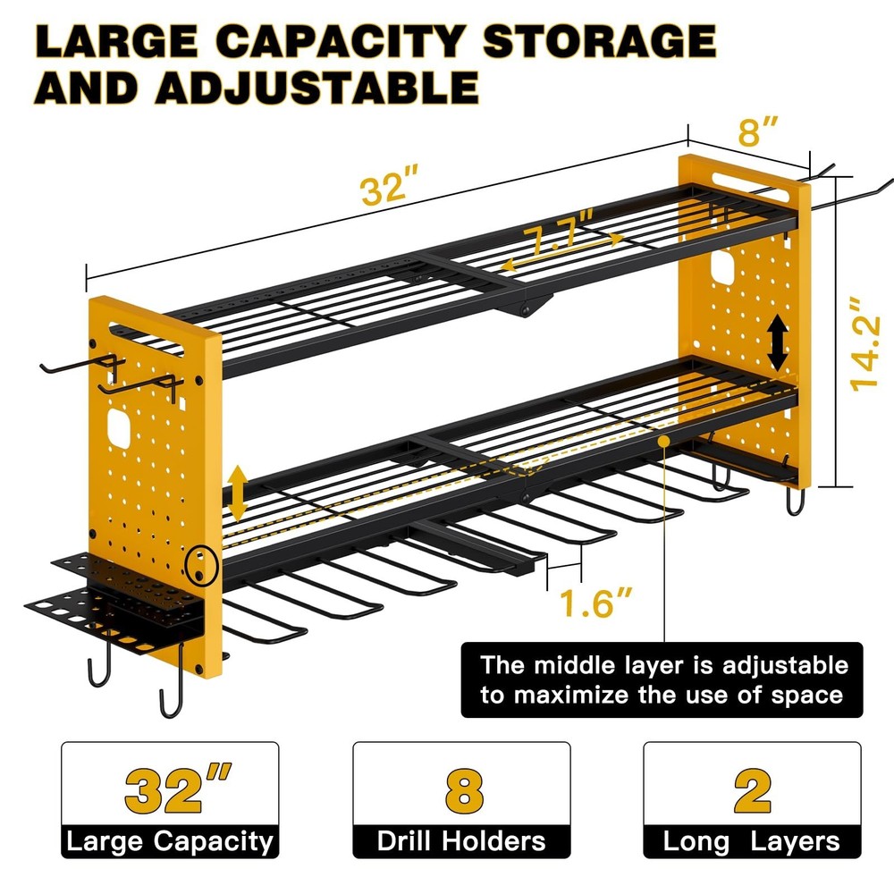 Power Tool Organizer Wall Mount,Cordless Drill Hanger Storage Rack 8 Drill Ho...
