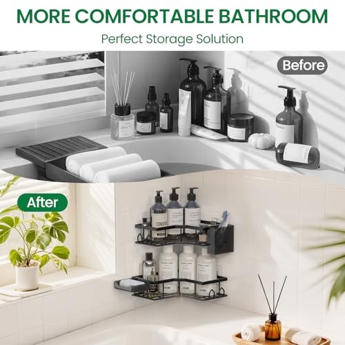 Adhesive Shower Caddy Corner Bath Organizer, Rustproof Stainless 2 Pack Black