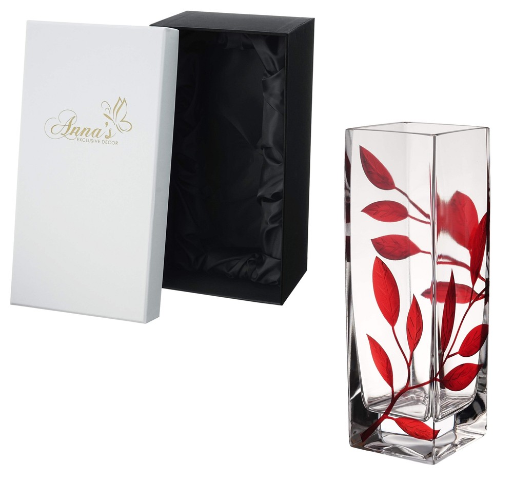 Luxury Hand Blown Glass Vase - Etched & Painted Ruby Leaves - Square Vase Red -