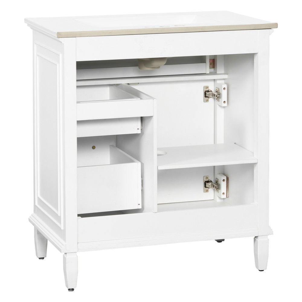 30" White Bathroom Vanity with Ceramic Sink and Solid Wood Cabinet