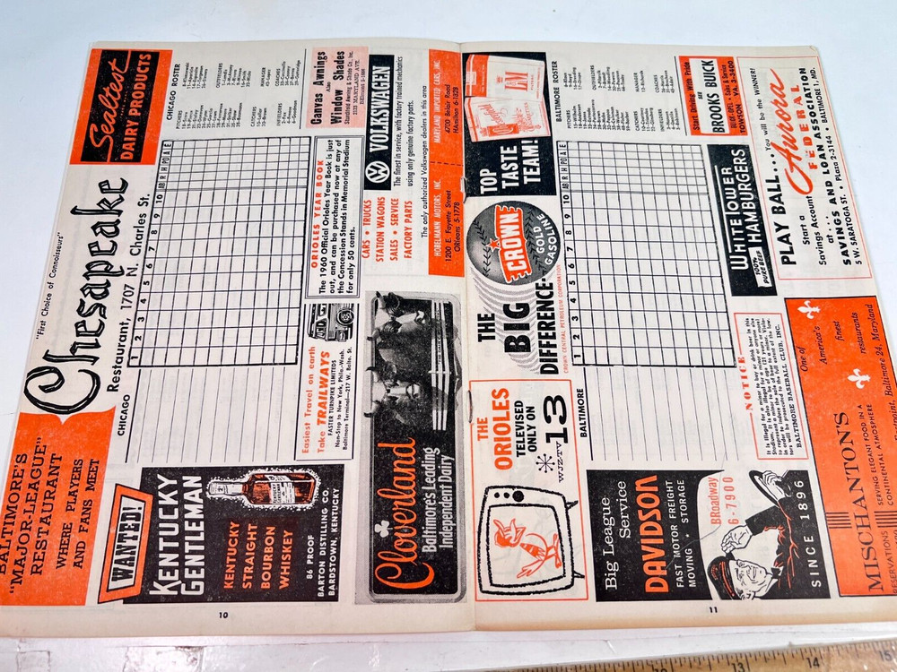 🔥 1960 Baltimore Orioles Baseball Program v White Sox Unscored HIGH GRADE!🔥