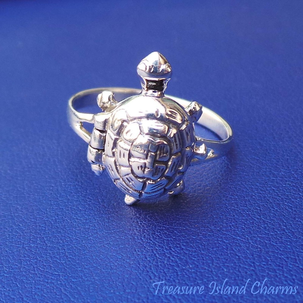 Turtle 925 Solid Sterling Silver Poison Pill Box Ring Opens Size 6 7 8 9 Opens