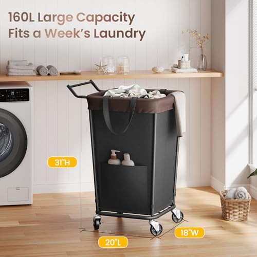 Laundry Hamper with Wheels and Handle, 2 160L Black-2 Section with Handle
