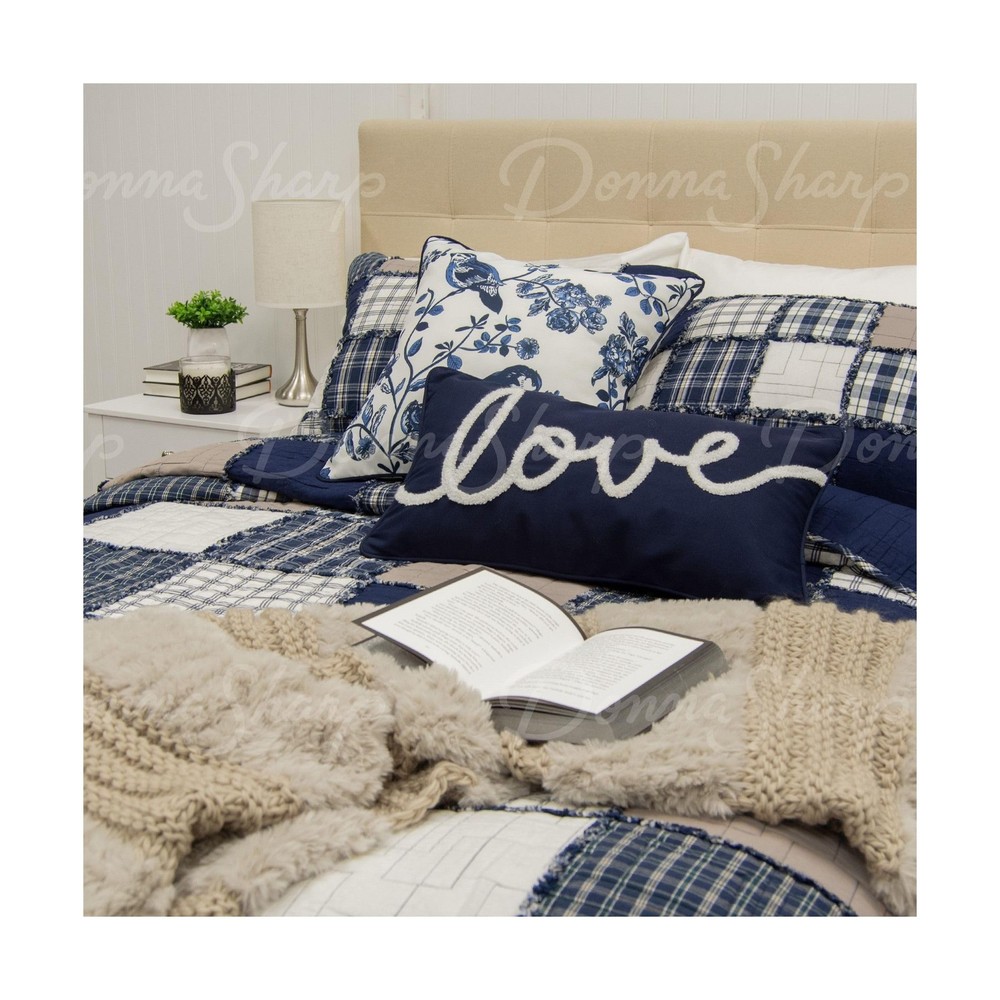 Donna Sharp Checkerboard Indigo Pieced Patchwork Quilt Bedding Set - 3-Piece ...