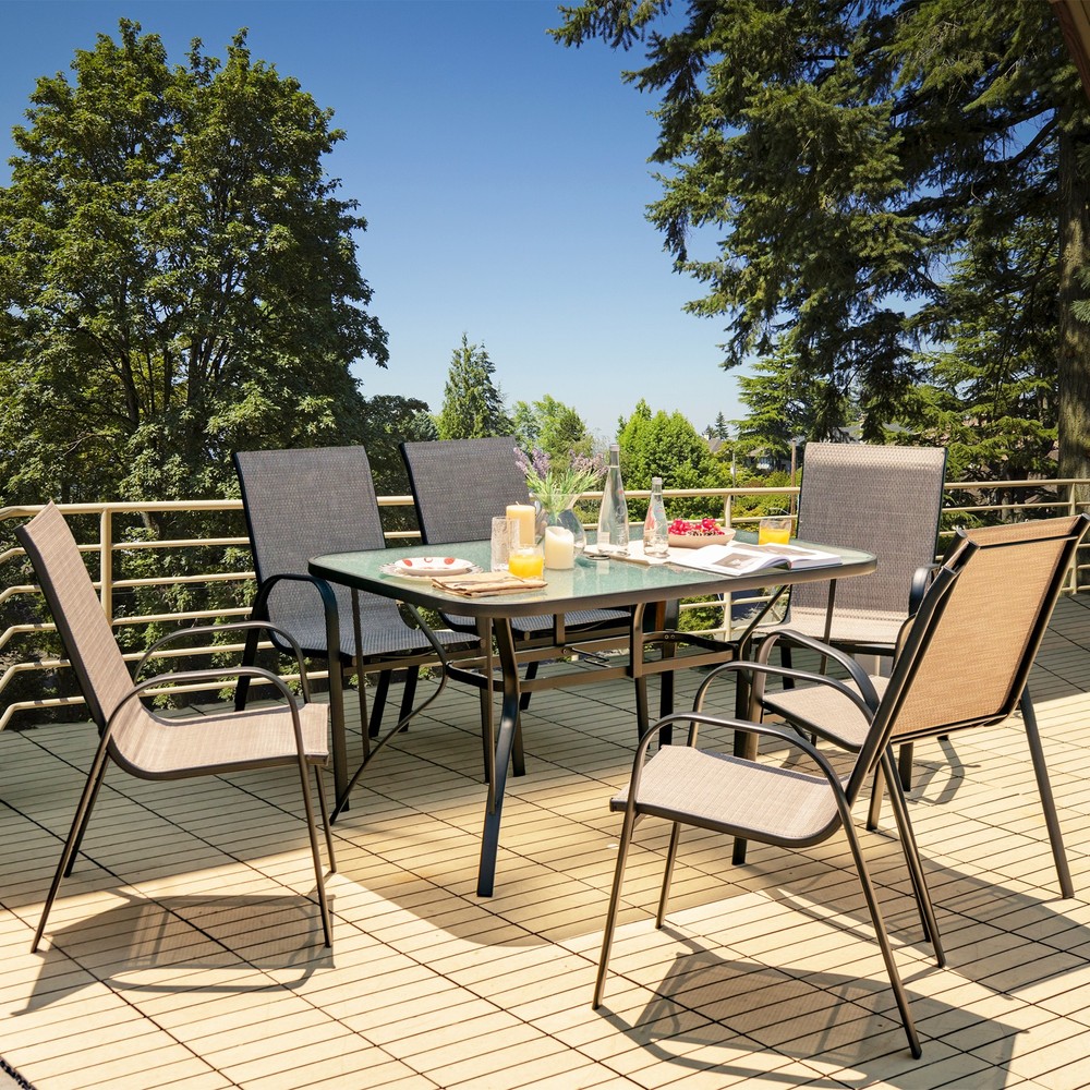 Patiojoy Set of 6 Patio Dining Stackable Chairs Armrests Space Saving Backyard