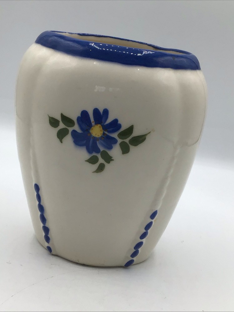 Hand Painted Ceramic Vase Blue Floral Signed
