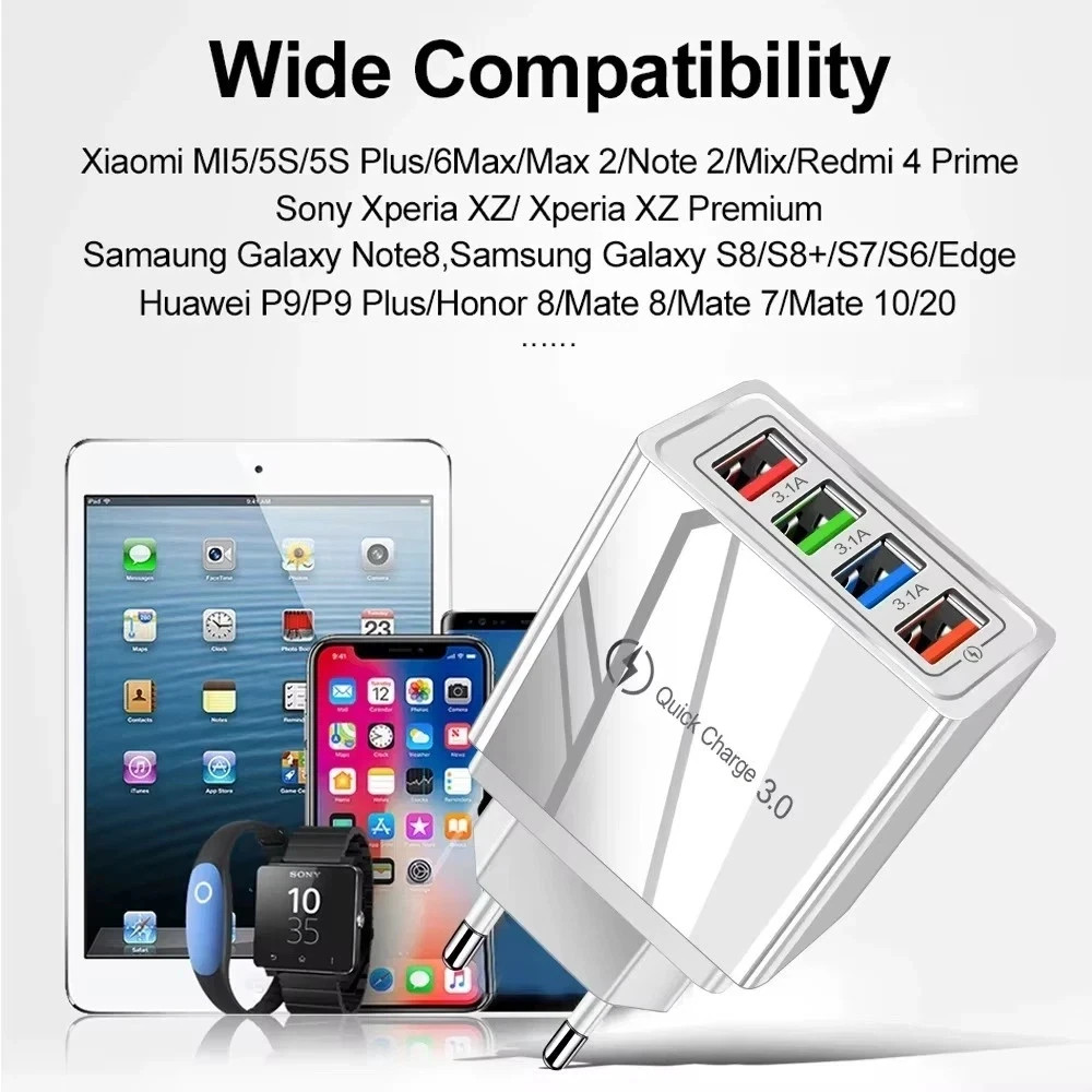 Hyper Charge Pro Charger – 4-Port Quick - For Android iPhone Fast Charging White